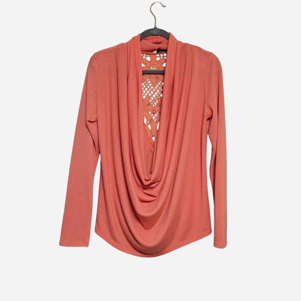Y2K Charlotte Russe Coral Cowl Neck Crochet Back Blouse Boho Shabby Made in USA